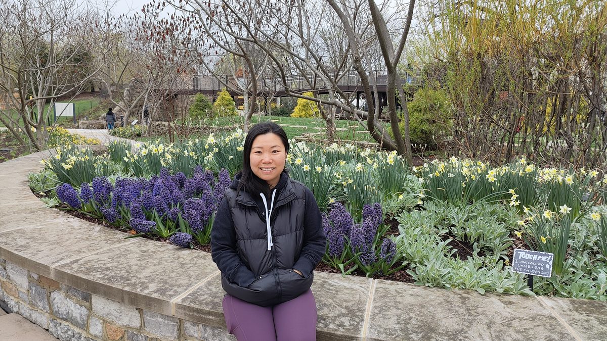 Teacher Penny in a Columbus garden in spring